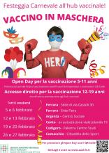 locandina informativa con fotografia bambino in maschera supereroe con mascherina di carnevale e mascherina anti-covid e stelle filanti