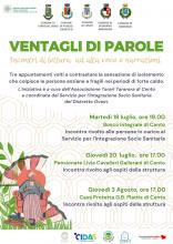 locandina informativa progettualità con disegno anziana con ventaglio in poltrona