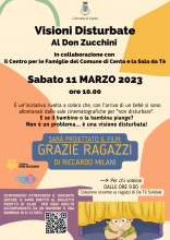 locandina informativa con bambino disegnato sotto il sipario