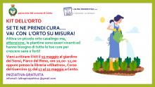 volantino illustrativo dell'iniziativa con donna con grembiule e guanti da giardiniera nell'orto ad annaffiare le piantine
