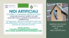cartolina informativa e fotografia nido a casetta con esemplare di uccelli mamma e piccolo