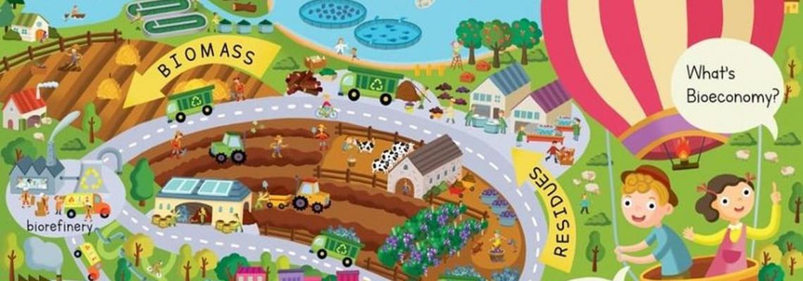 paesaggio disegnato con bambini in mongolfiera che guardano il ciclo naturale delle biomasse