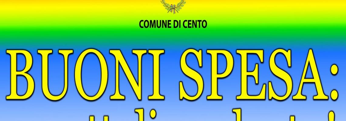 scritta Buoni spesa: accettali anche tu! su sfondo arcobaleno con logo comune di cento