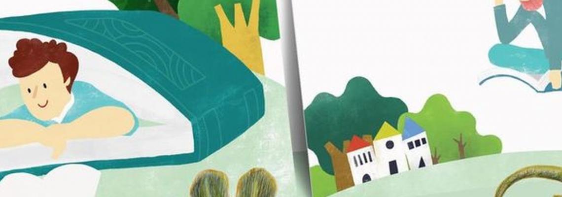 bambino e bambina che leggono sdraiati in volo tra le nuvole
