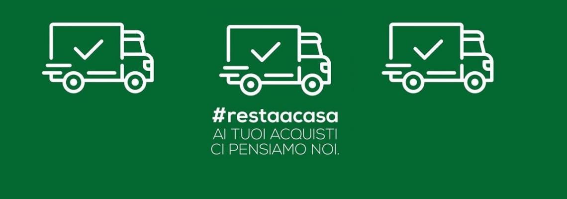 Camioncini che consegnano spesa a casa su sfondo verde