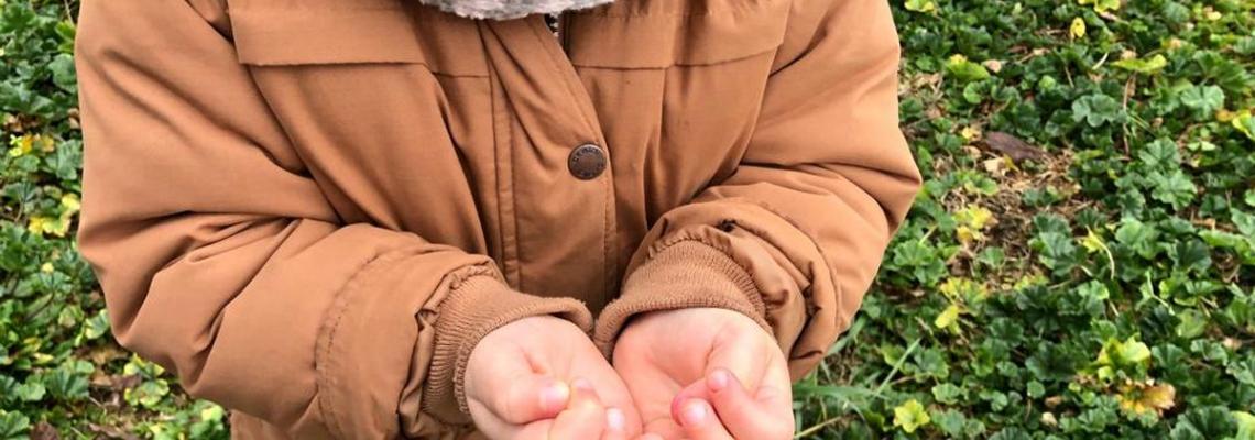 particolare manine di una bambina nel prato durante i laboratori