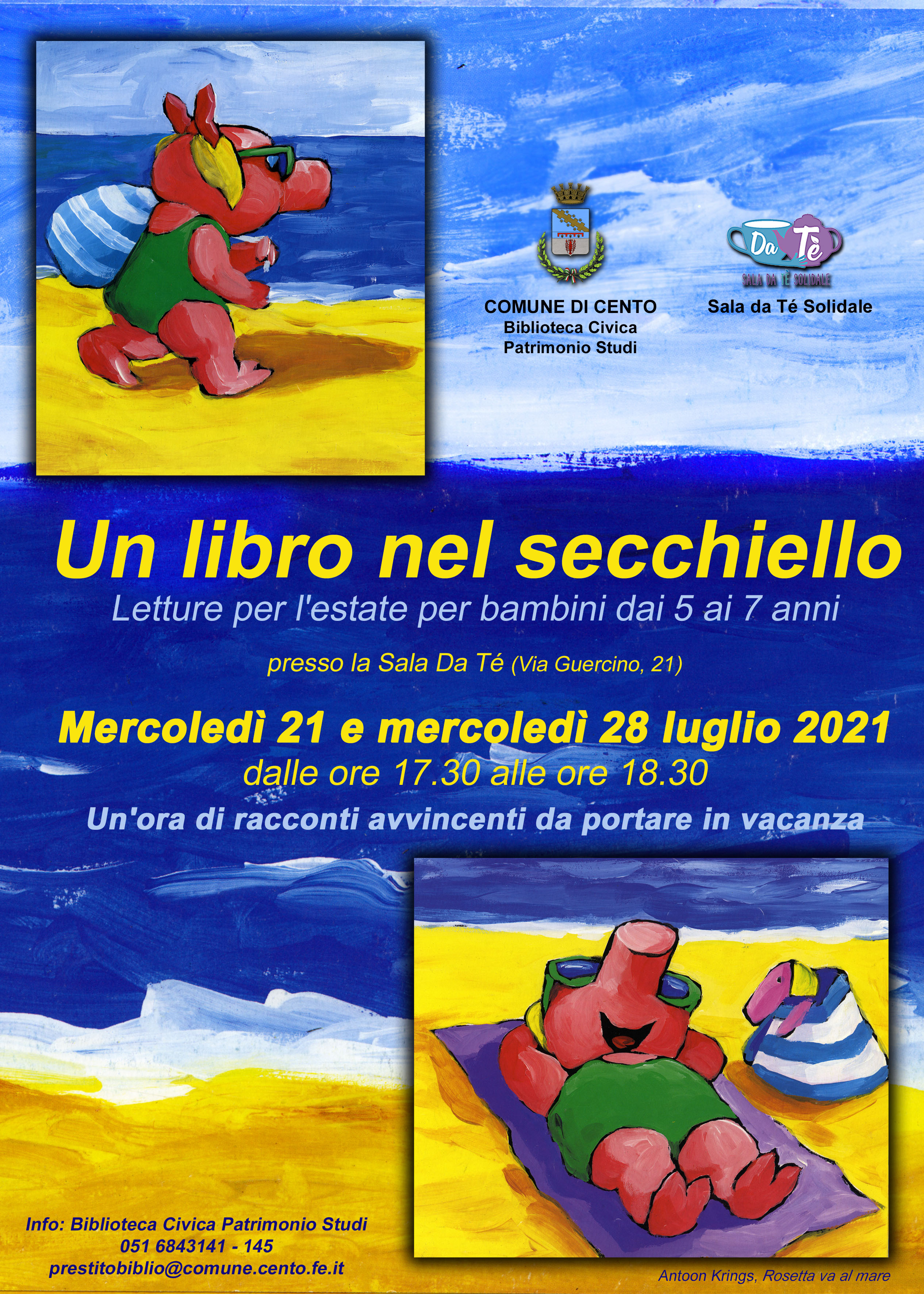 locandina evento con disegno animale maialino animato che va in spiaggia con il costume occhiali da sole e secchiello e prende il sole