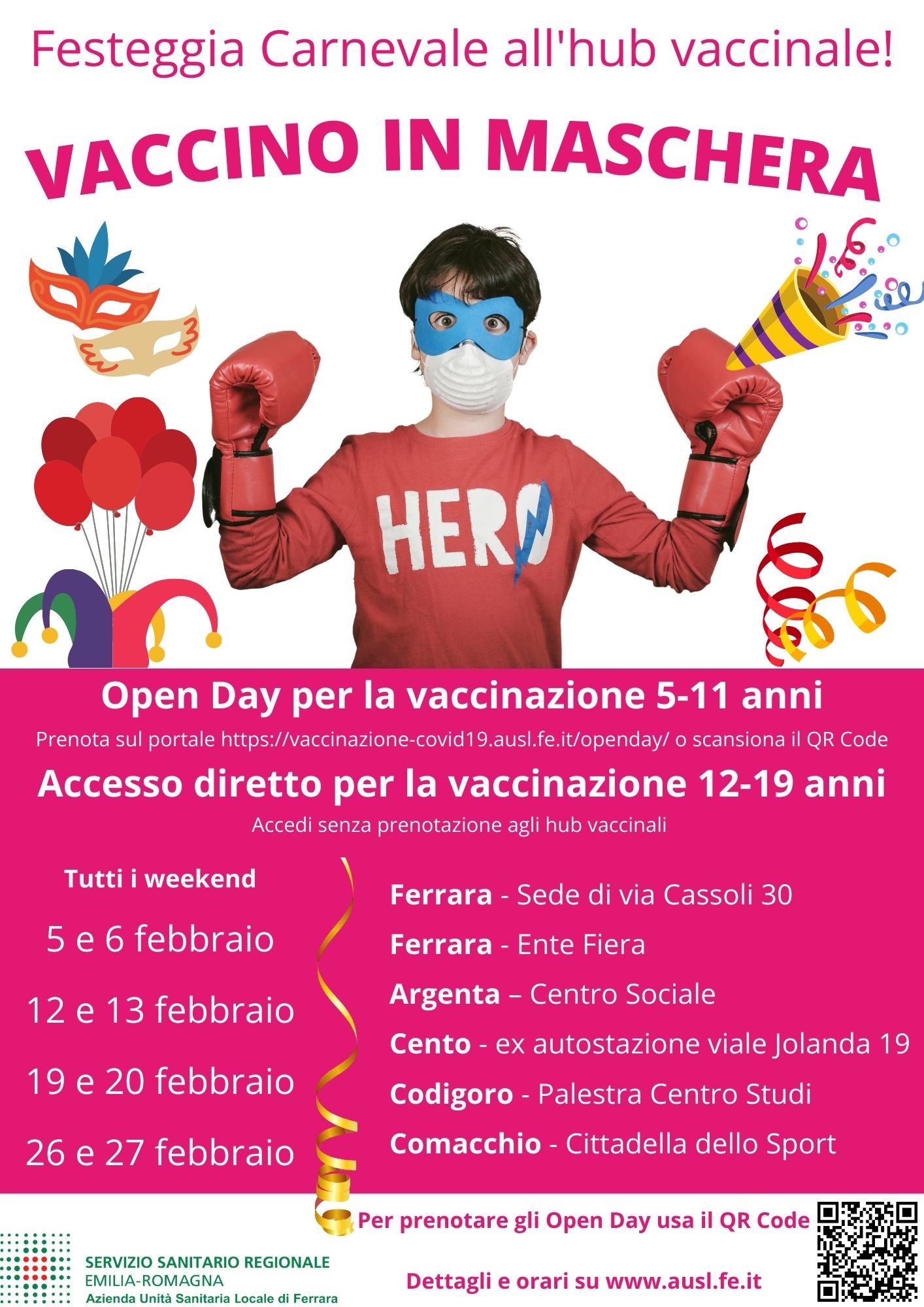 locandina informativa con fotografia bambino in maschera supereroe con mascherina di carnevale e mascherina anti-covid e stelle filanti